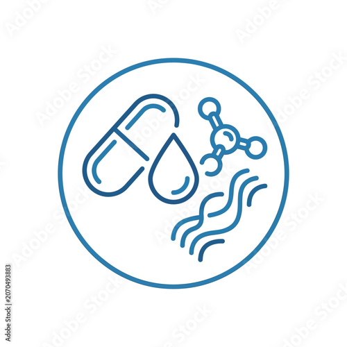 Medical research icon with pill molecule and droplet.