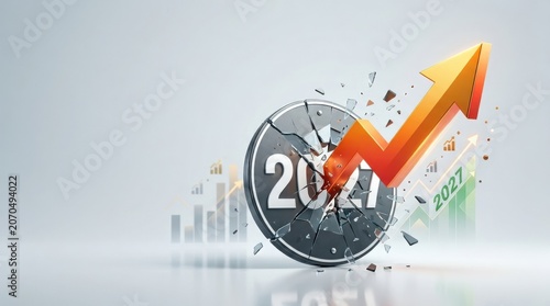 2027 Financial Growth Forecast Concept with Shattered Circular Target and Rising Orange Arrow Chart Symbolizing Business Success and Economic Breakthrough