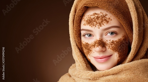 Spa Serenity: A young woman with a radiant smile enjoys a revitalizing facial treatment, her face adorned with a natural exfoliating scrub, embodying the essence of self-care and relaxation.