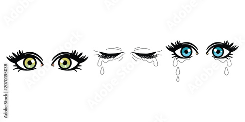Crying eyes vector set, expressive cartoon female eyes with tears and long lashes, emotional blue and green eye illustrations for mental health