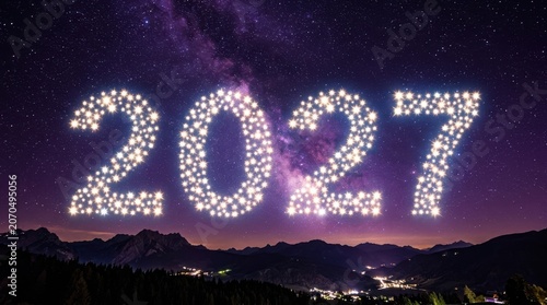 2027 New Year celebration concept with glowing star numbers in night sky over mountain landscape for future planning and holiday greeting card design