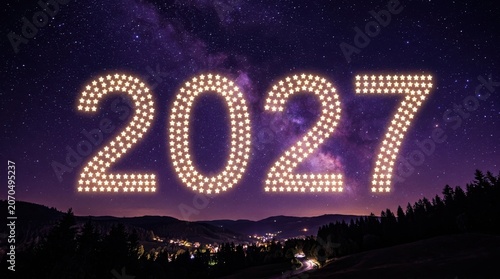 2027 New Year Greeting Card Background with Glowing Star Numbers in Night Sky Milky Way Galaxy Landscape for Future Planning and Celebration Concepts