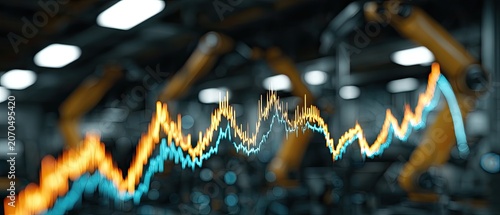 Blurry industrial robots with overlaid stock market data lines
