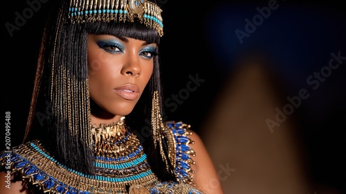 Egyptian Queen's Gaze: A striking portrait of a woman adorned in elaborate Egyptian regalia, featuring intricate gold and blue detailing, dramatic makeup, and a regal headdress.
