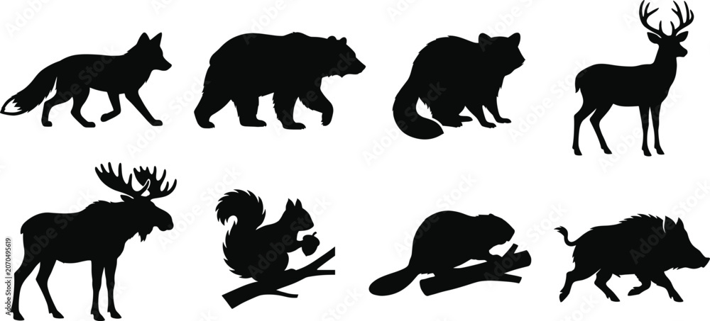 Obraz premium Forest Wildlife Silhouette Set with Fox Bear Deer Moose and Woodland Animals