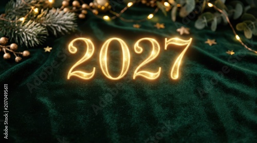 2027 New Year greeting card background with glowing gold numbers on dark green velvet fabric with festive holiday lights and pine branches for seasonal social media posts