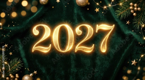 2027 Gold Glowing Numbers on Dark Green Velvet Background for New Year Celebration Greeting Card Design and Festive Holiday Social Media Post Template