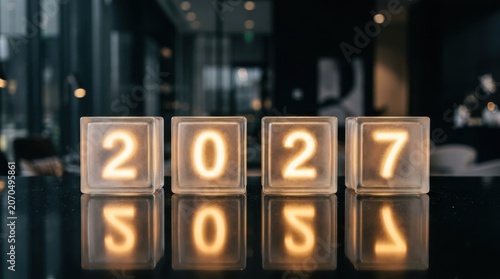 2027 Glowing Number Blocks on Reflective Surface for Future Business Planning Strategy and New Year Corporate Goals Concept
