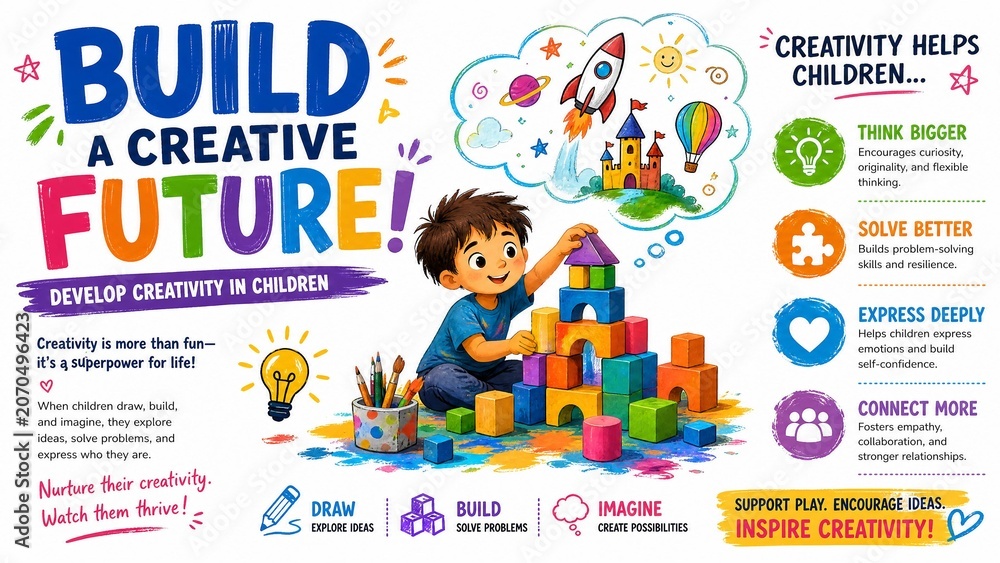 Fototapeta premium Educational Infographic about Developing Creativity in Children with Boy Playing Building Blocks