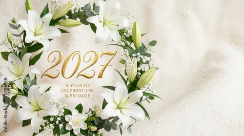 2027 New Year Floral Wreath Greeting Card Design with White Lily Flowers and Elegant Gold Typography for Celebration and Promise Concept Background