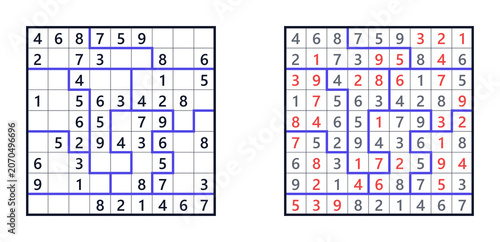 Irregular Sudoku puzzle and solution with outlined regions with answers