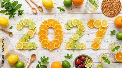 2027 New Year greeting card concept with citrus fruit slices arranged as numbers on white wood background for healthy lifestyle and festive food photography