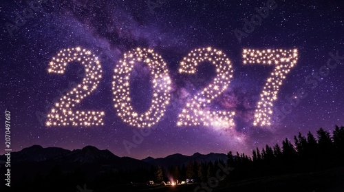 2027 New Year celebration concept with glowing star numbers in a starry night sky over a dark mountain landscape for future planning and holiday greeting cards