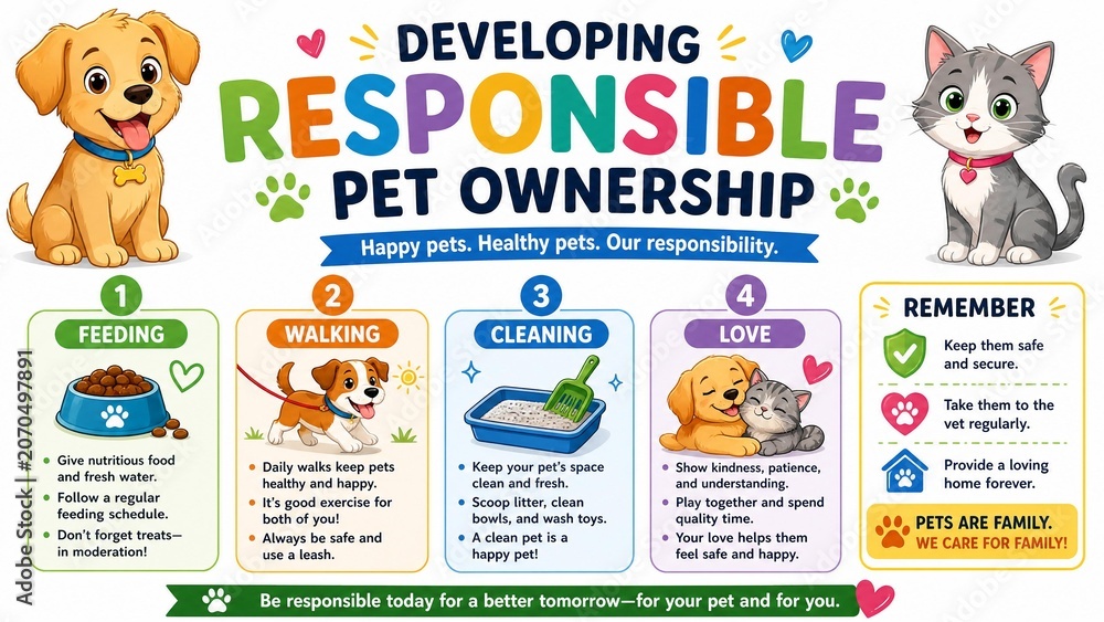 Fototapeta premium Responsible Pet Ownership Educational Infographic with Cute Dog and Cat Illustration