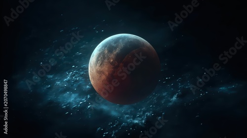 Cosmic Crimson Orb: A breathtaking celestial body, reminiscent of a distant planet or moon, glows with an intense crimson hue, set against a backdrop of swirling nebulae and shimmering stardust.
