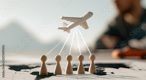 Toy airplane connects to pawns on world map, symbolizing travel