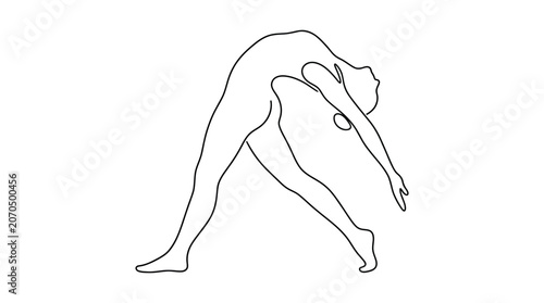 Minimalist continuous line art of a woman doing yoga stretching pose.