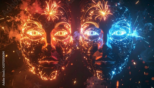 Fiery and Icy Faces - A Digital Art Exploration of Duality.