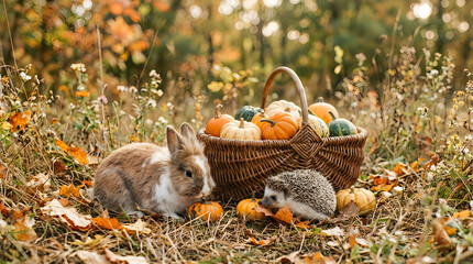 Autumn harvest scene with rabbit hedgehog and pumpkins