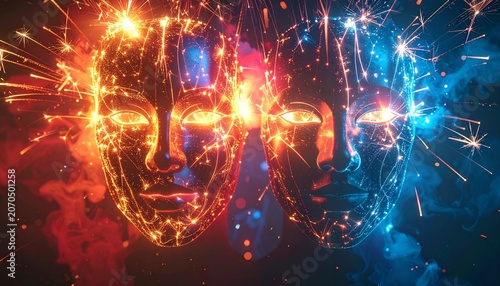 Mystical Masks - A Dance of Light and Shadow in Digital Art.