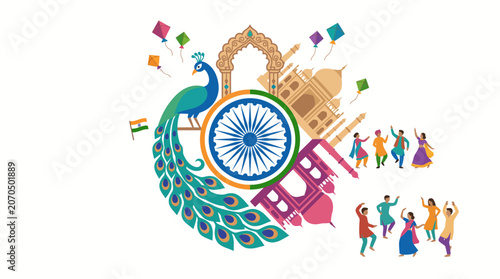 Vibrant Indian cultural collage celebrating unity in diversity with the Ashoka Chakra, traditional motifs, and joyful festive figures