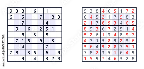 Sudoku puzzle and solution with highlighted center cells