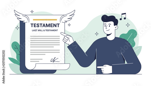 Smiling man points fingers to flying last will and testament document with angel wings representing legacy planning.