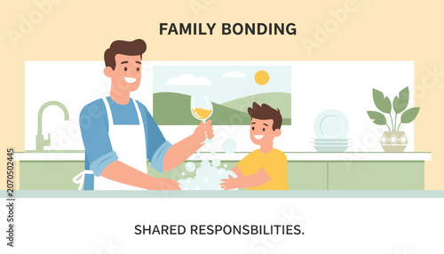 Happy smiling father and little son wash dishes together in home kitchen representing family bonding and shared chore duties.