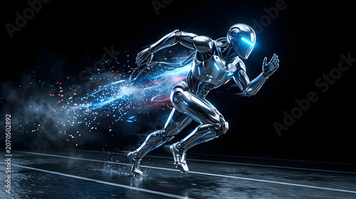 Futuristic metallic android running at high speed with glowing blue energy trails on a dark track representing advanced artificial intelligence performance