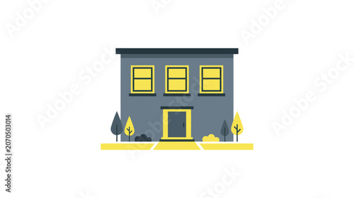 Flat Design Two-Story Building Vector Illustration