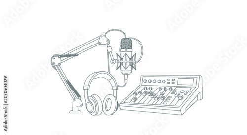 Podcast Studio Equipment Line Art Illustration