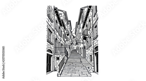Historic European Alleyway Line Art Vector Illustration