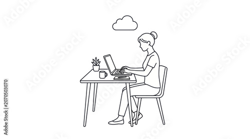 Woman Working on Laptop Line Art Illustration