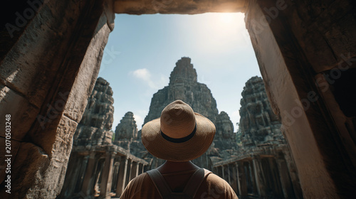 Ancient Wonders Unveiled: A traveler adorned with a wide-brimmed hat gazes in awe at the majestic stone towers of a grand ancient temple complex, bathed in the golden light of the sun.