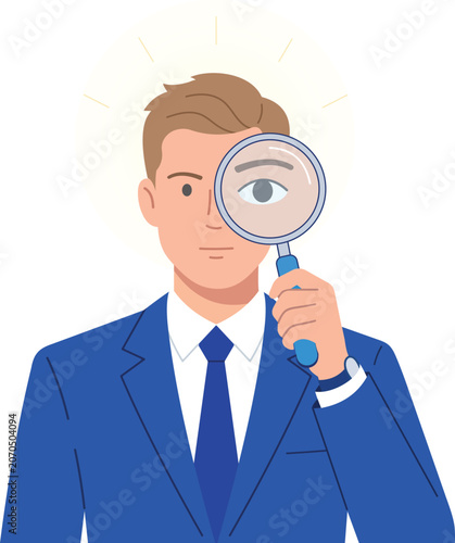 Man in blue suit wearing glasses and holding a magnifying glass