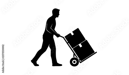 Obraz na plátně Delivery worker transporting boxes with hand truck vector silhouette