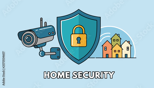 Home security system banner showing a CCTV security camera, lock shield, and private residential houses under safe protection.