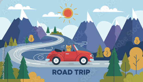 Road trip illustration showing a cute cat driving red convertible car on winding mountain highway with scenic pine forest.