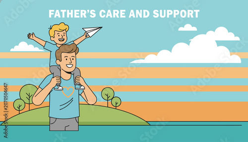 Father carrying his son on his shoulders during sunset by the water representing love, support, and happy parenting memories.