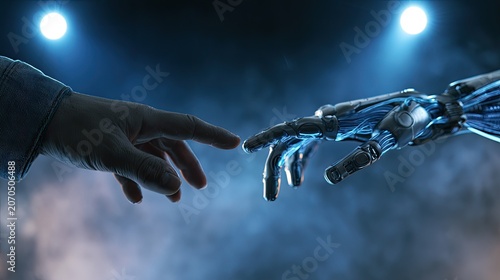 A human hand and a robotic hand reach for each other, symbolizing connection