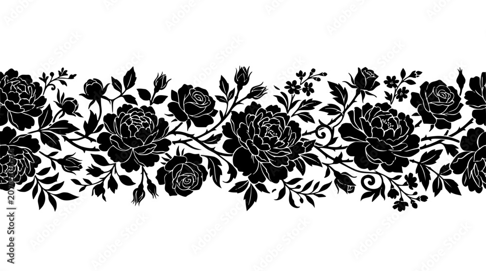 Fototapeta premium Seamless Floral Border with Black Peonies and Roses Silhouettes
