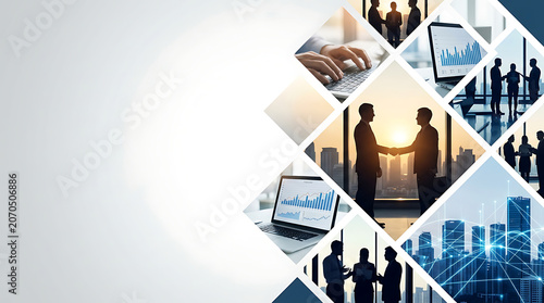 Business collage background with professional handshake financial charts laptops global network and silhouettes of corporate teams working together