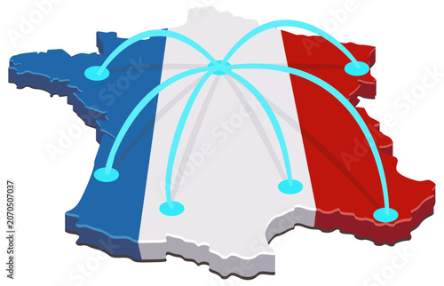 3D isometric vector illustration of France map with national flag texture and cyan connection lines radiating from a central point for regional network (cut out)