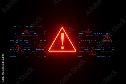 Red warning sign with caution symbols and digital patterns in a dark background indicating alert