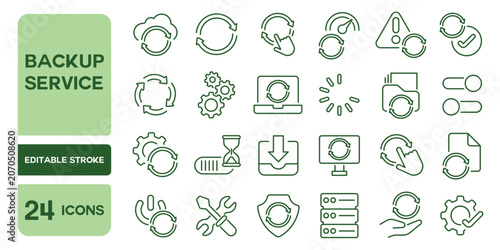 Canvastavla Set of 24 line icons related to backup service, Editable stroke