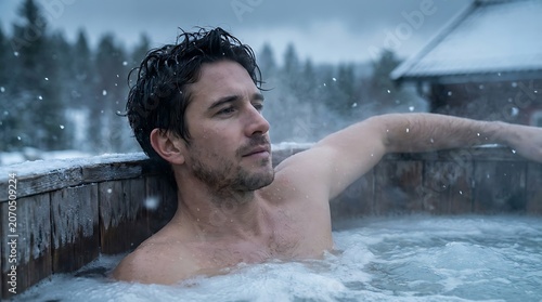A man relaxing in a steaming hot tub surrounded by a winter wonderland, with snow-covered trees and a rustic wooden cabin in the background