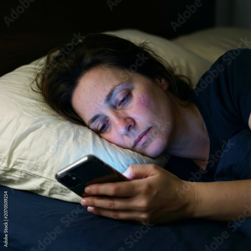 middle-aged woman looking at phone in bed