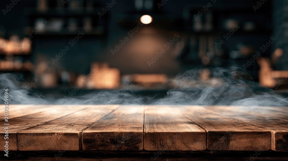 Fototapeta premium Rustic wooden tabletop in a dimly lit kitchen, with wisps of steam