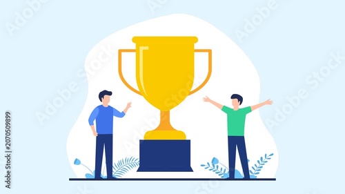 Successful businessmen celebrating victory with a golden trophy animation
