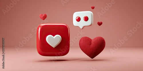 Floating heart icons with speech bubbles on pink background.